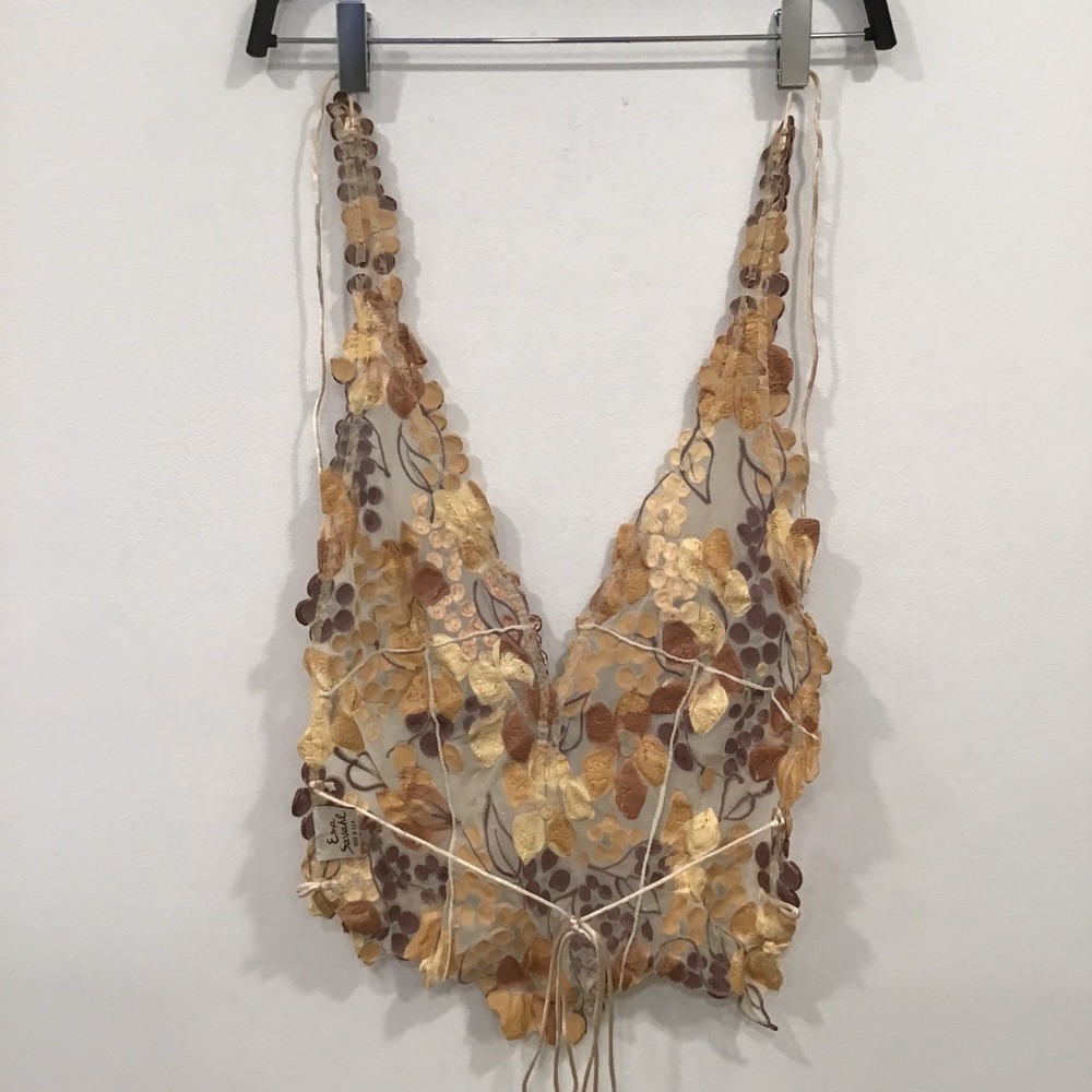 Ema Savahl Halter Top Womens Yellow Hand Painted 3D Floral Mesh Small Y2K Fairy - Picture 8 of 15